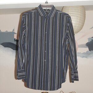 Men's black & blue striped H & H button down dress shirt (Small)